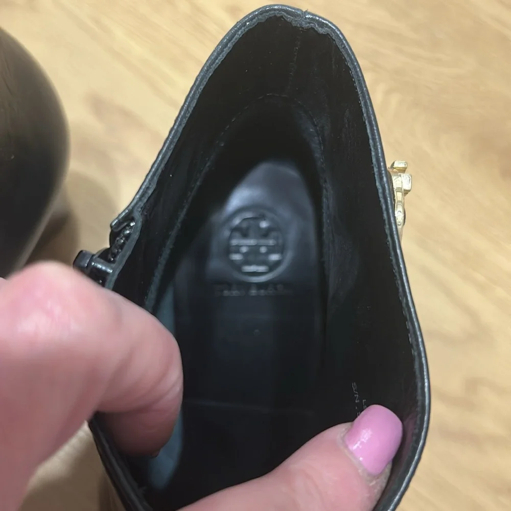 TORY BURCH SOFIA WEDGE HEEL BOOTIE BLACk LEATHER with GOLD LOGO